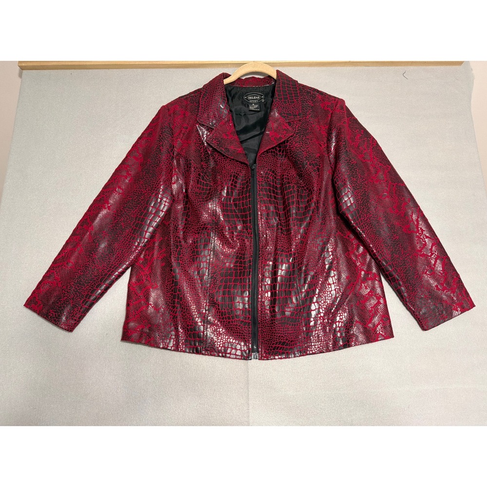 Selene Sport Womens Red Faux Snakeskin Embossed Zip Up Jacket Size 18